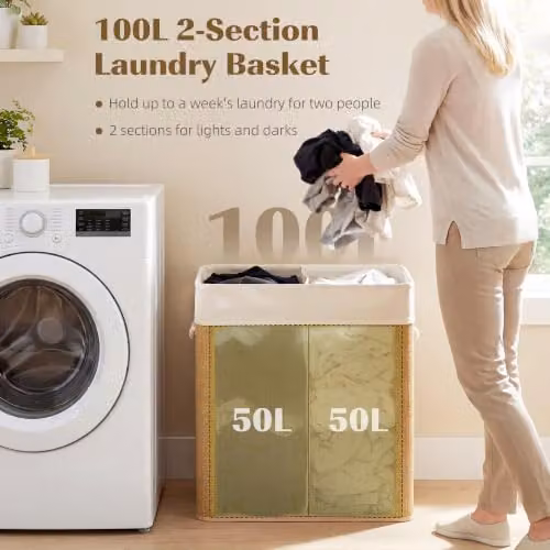 HOMCOM 100L 2-Section Laundry Basket with Lid and Handles in Brown – 3