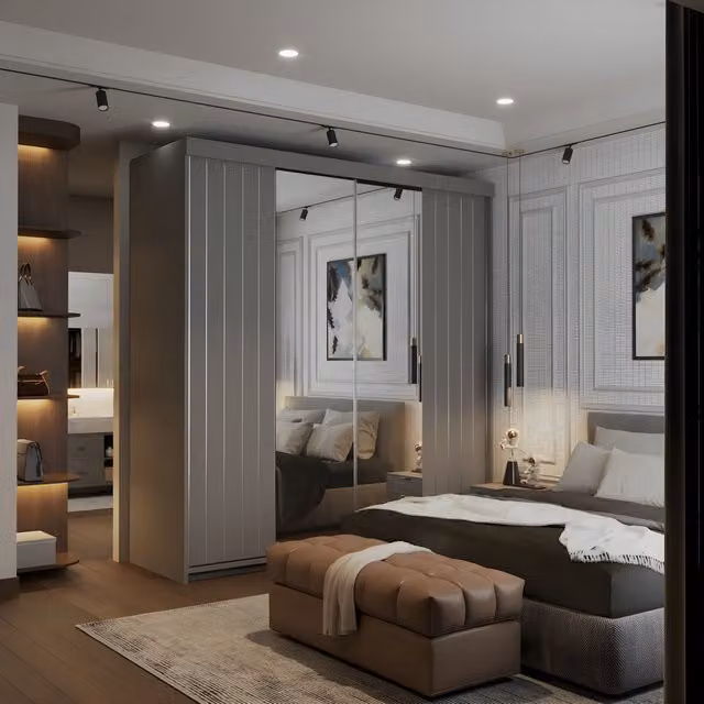 Sliding Wardrobes 4U Modern Double Sliding Wardrobe with Integrated LED Lighting, Grey, W: 150 cm, H: 217 cm, D: 62 cm – 1