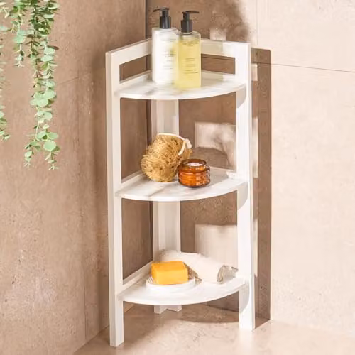 OHS 3 Tier Wood Corner Shelving Unit, Freestanding White Storage Organiser, H 65 x W 23 x D 23 cm – 2