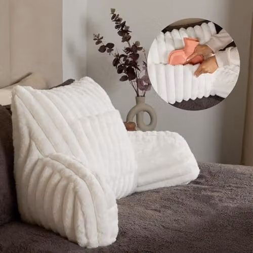 OHS Ribbed Faux Fur Reading Pillow with Heatable Pocket and Arm Support in Cream