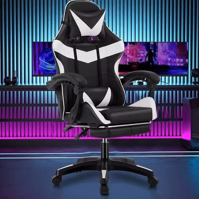 NESTLUNE Black Faux Leather Racing Gaming Chair with Swivel and Armrests – 1
