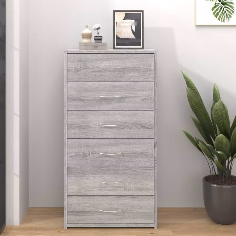 Berkfield Home Grey Sonoma Sideboard with 6 Drawers, W/D/H: 50 x 34 x 96 cm