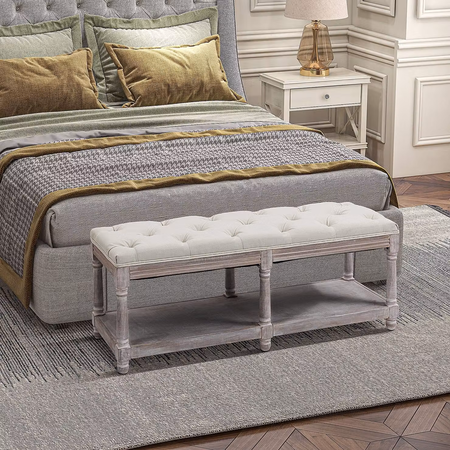 HOMCOM 2-Tier Vintage Bed End Bench with Storage Shelf and Button Tufted Upholstered Footstool, Cream White, W: 120 cm, D: 40 cm, H: 48 cm – 2