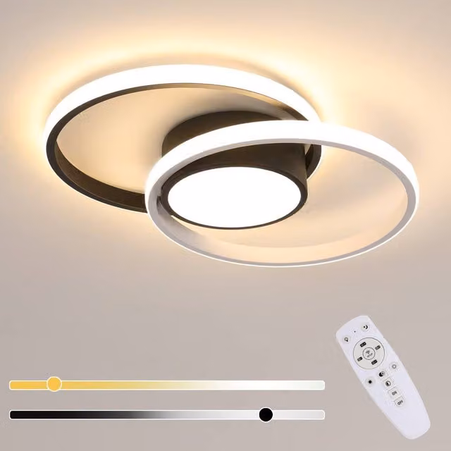 Pheashine Modern Double Ring LED Ceiling Light with Remote Control and Dimming Function, 40W, Black or White
