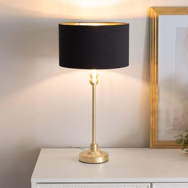 Maggie Black Candlestick Table Lamp with Gold and Brass Metallic Shade in Black