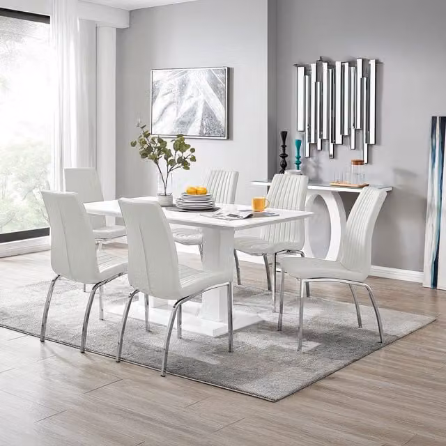 FurnitureboxUK Imperia High Gloss Rectangular Dining Table and 6 Isco Faux Leather Chairs Set in White