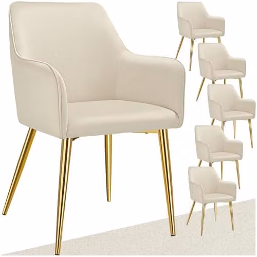 tectake Set of 6 Avane Dining Chairs in Beige Velvet-Look Fabric with Gold Metal Legs