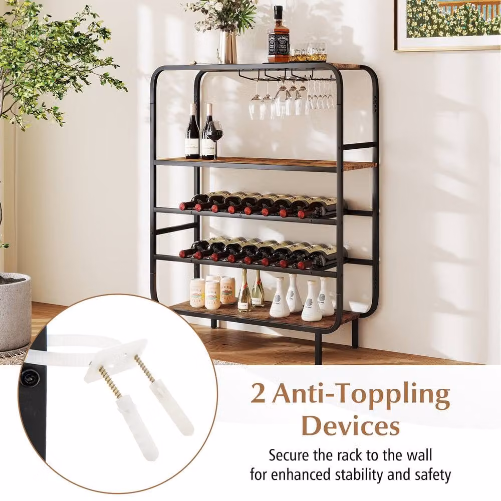 Gymax 5-Tier Metal Wine Rack in Brown with 16 Bottle Capacity and Glass Holders – 8