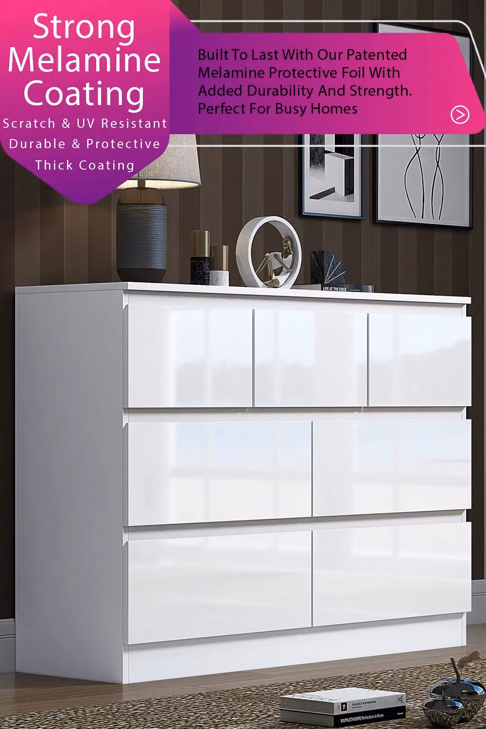 FWStyle Stora 7 Drawer High Gloss White Merchant Chest of Drawers – 2