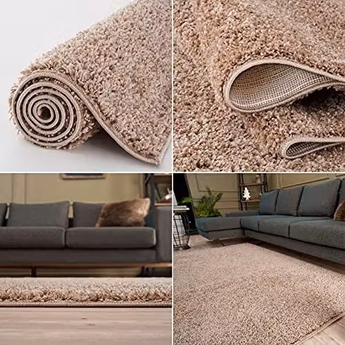 THE RUGS Beige Plain Shaggy Soft High Pile Square Rug, W/D: 120 x 120 cm – 2