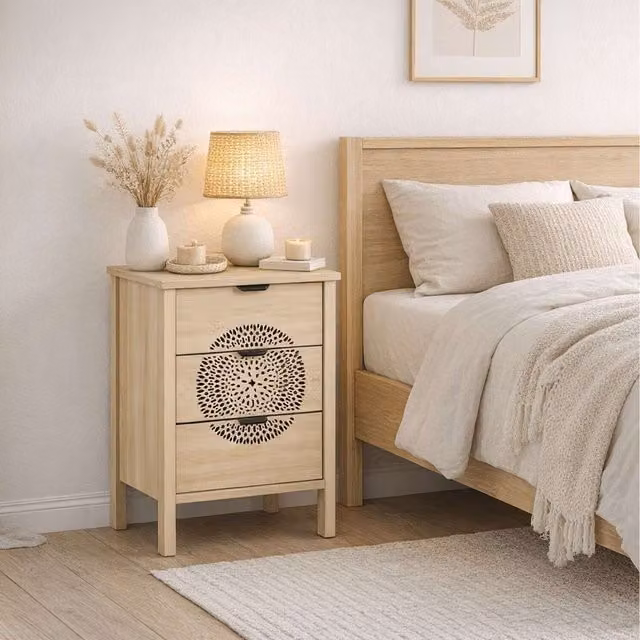 Birlea Floral 3 Drawer Bedside Cabinet in Brown and Beige Wood