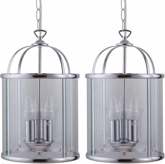 First Choice Lighting Set of 2 Polished Chrome Lantern Pendant Lights with Transparent Glass