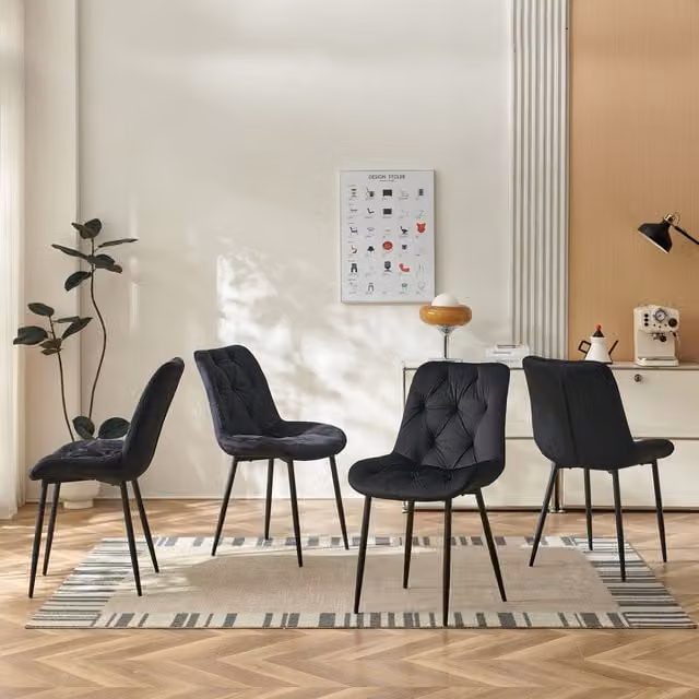 SONARA Modern Set of 4 Black Velvet Dining Chairs with Ergonomic Upholstered Seats and Metal Legs