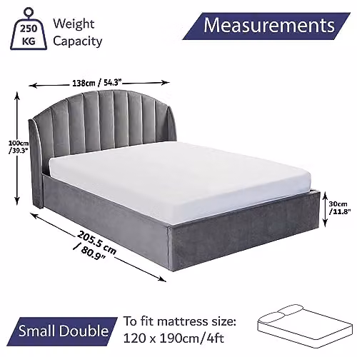 Home Treats Grey Velvet Small Double Ottoman Bed Frame with Winged Headboard and Pocket Sprung Mattress W/D/H: 120 x 200 x 138 cm – 2