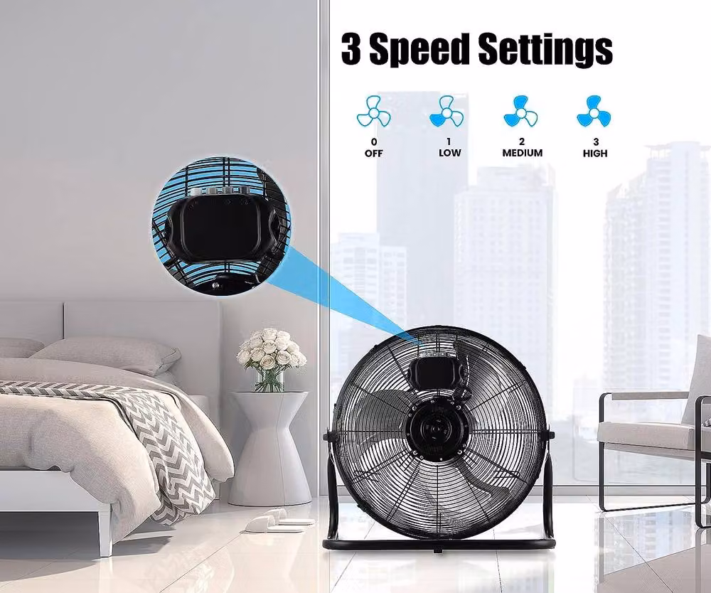 PureMate Chrome Gym Floor Fan in Black and Silver with 3 Speeds and Adjustable Head – 7