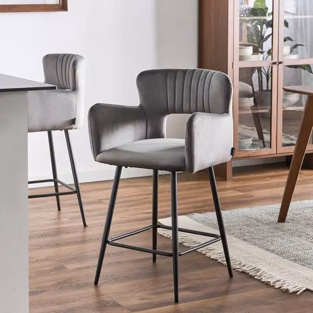 Wyld and Coco Set of 2 Grey Velvet Bar Chairs with Armrests and Cut-Out Back – 1