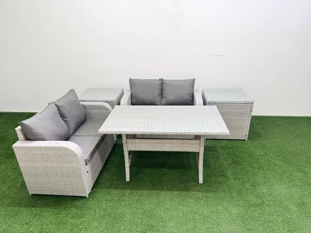 Fimous 4 Seater Rattan Garden Furniture Set with Rectangular Dining Table and 2 Side Tables in Light Grey