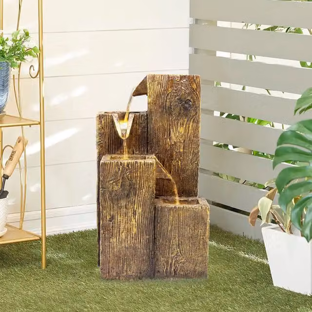 Livingandhome Rustic Tree Trunk Cascade Tabletop Water Fountain with LED Lights, Yellow and Brown
