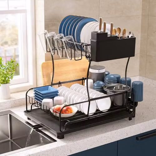 Toque 2-Tier Expandable Dish Drainer Rack in Black with Cutlery Holder and Drip Tray