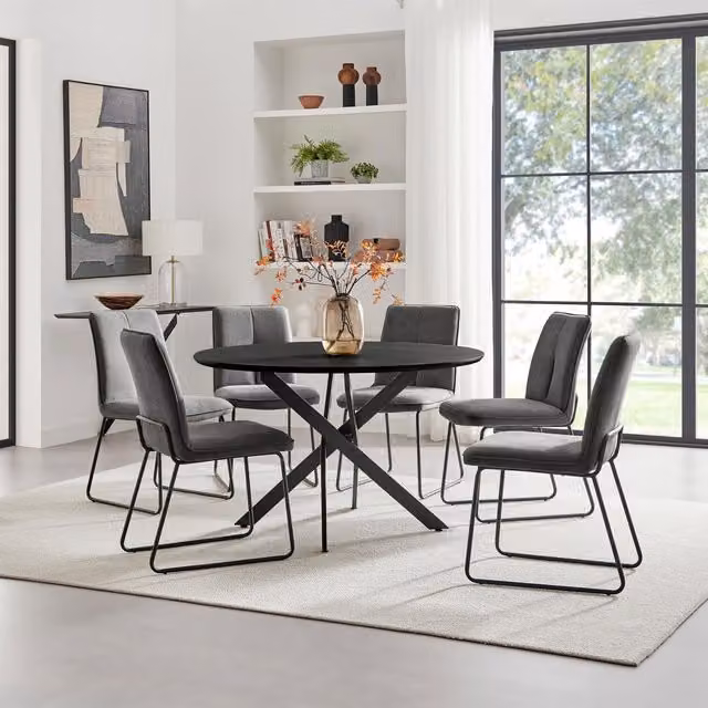 FurnitureboxUK Novara Round Black Dining Table and 6 Halley Dark Grey Fabric Chairs Set