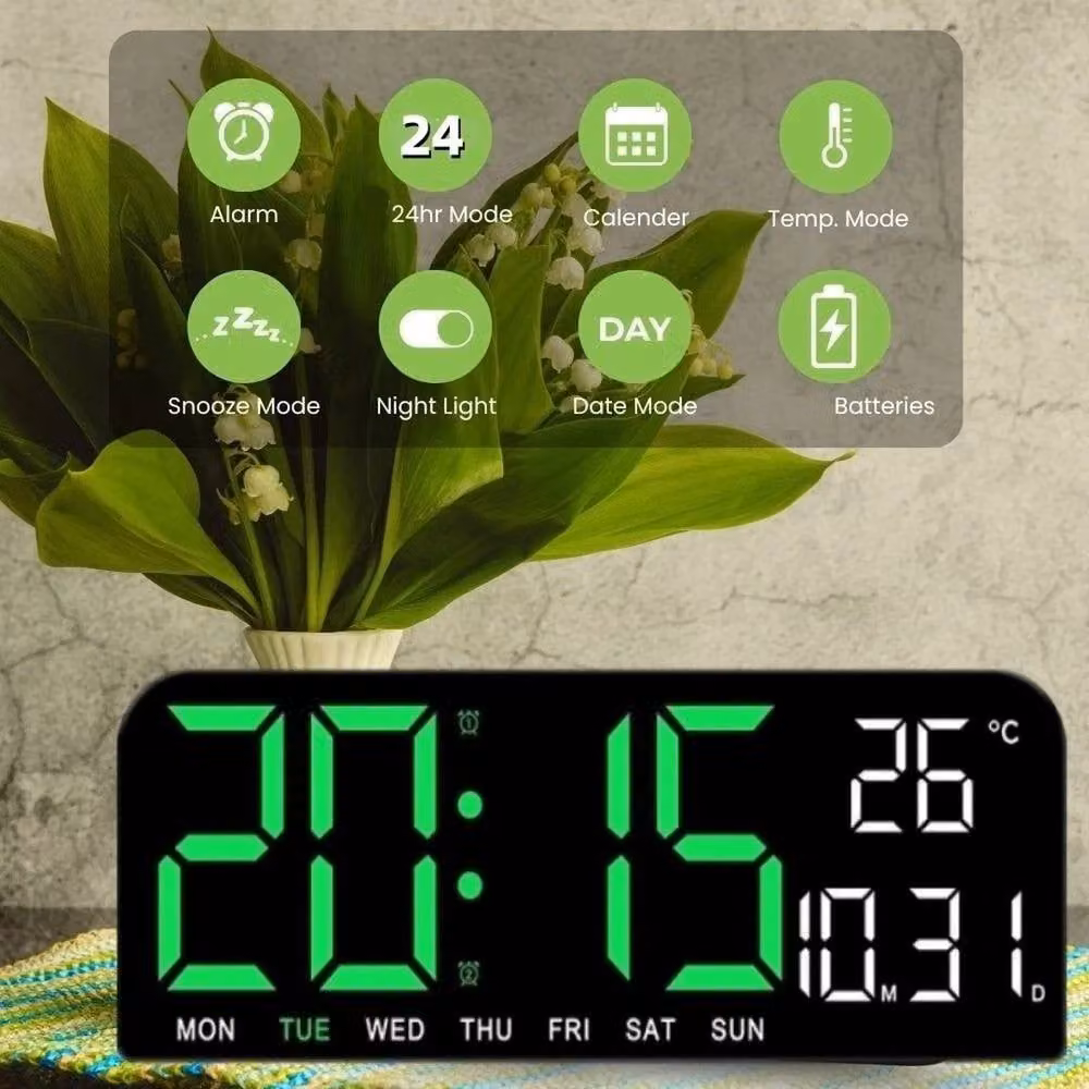 NESTLUNE Digital LED Alarm Clock and Desk Wall Clock in Black, W: 100 cm, H: 15 cm – 6