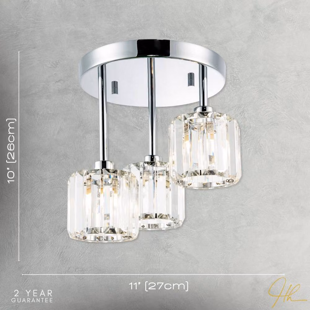 Happy Homewares Modern Triple Level Chrome Ceiling Light with Transparent K9 Crystal Glass Shades in Silver – 3