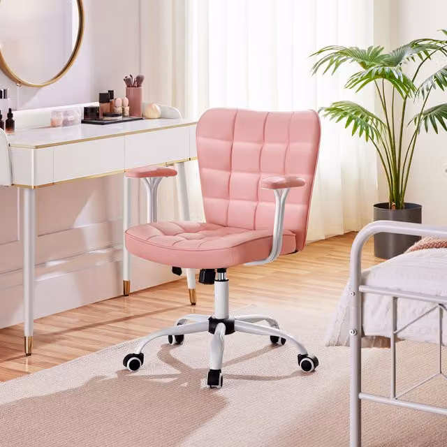 Yaheetech Modern Pink PU Leather Task Chair with Padded Armrests and 360 Degree Swivel