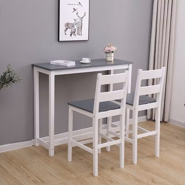 Westwood Modern Rectangular Pine Wood Bar Table and Stool Set in White and Grey