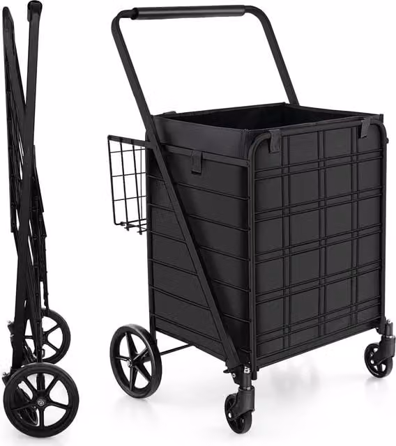 Gymax Folding Shopping Cart with 126L Waterproof Liner in Black