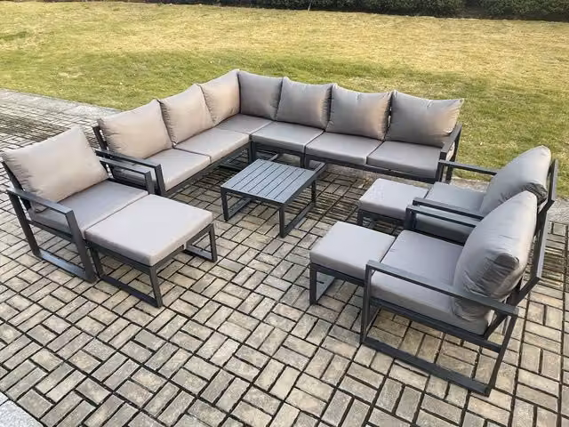Fimous 12 Seater Outdoor Lounge Corner Sofa Set in Dark Grey with Powder Coated Aluminium Frame, Square Coffee Table, 3 Chairs and 3 Footstools