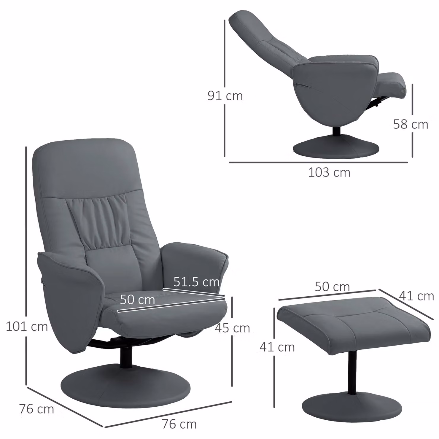 HOMCOM Grey PU Leather Swivel Recliner Armchair with Ottoman – 3