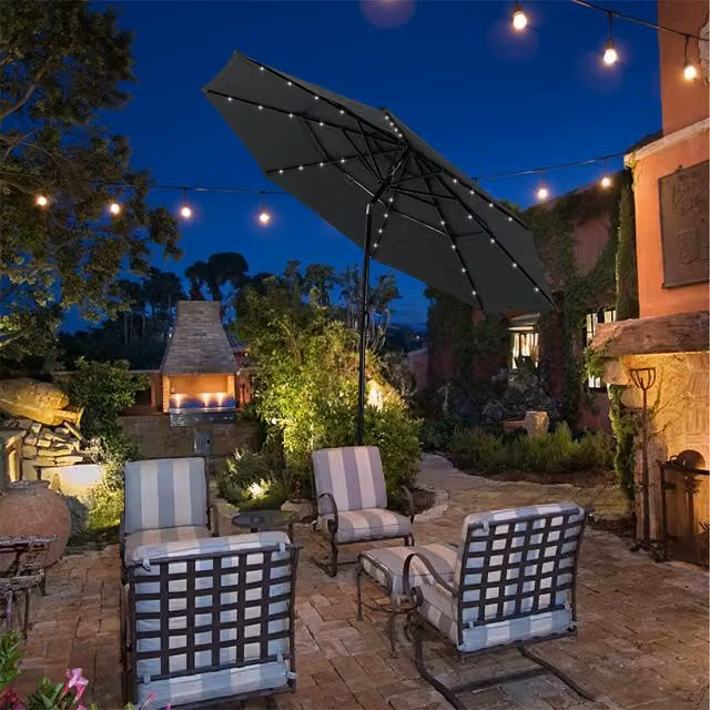 Livingandhome 3-Tier Garden Parasol Outdoor Umbrella with Solar Lights in Anthracite Grey