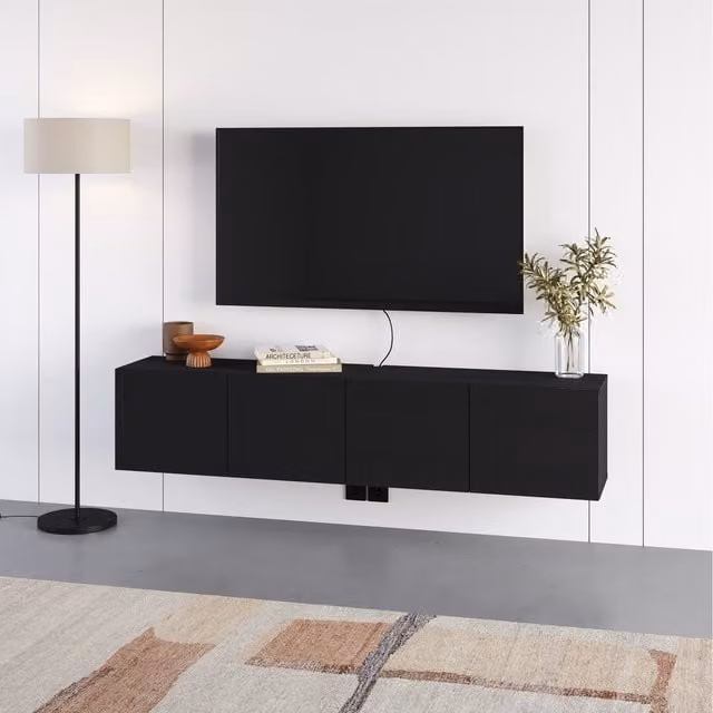 Decortie Daroca Wall Mounted TV Unit with 4 Hinged Doors in Black Matt Wood