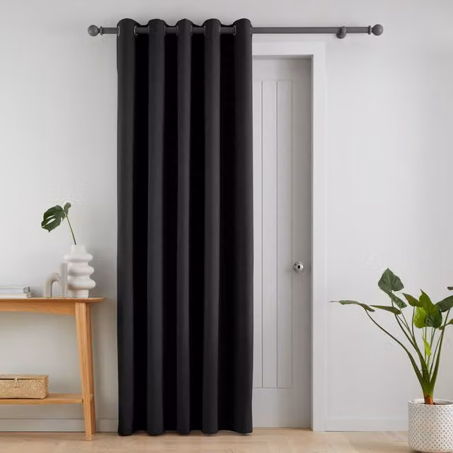 Catherine Lansfield Black Velvet Thermal Opaque Eyelet Door Curtain