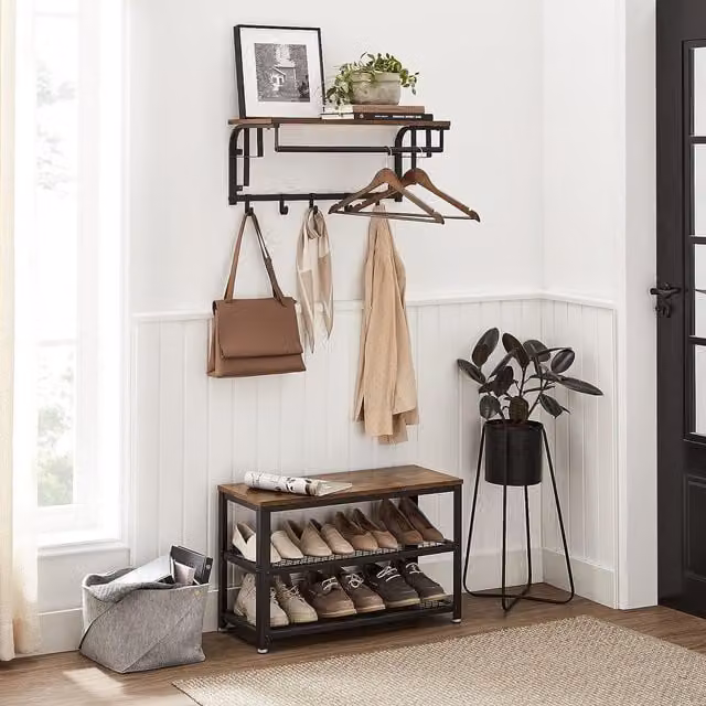 VASAGLE Rustic Brown Wall Mounted Coat Rail with Floating Shelf and 5 Removable Hooks