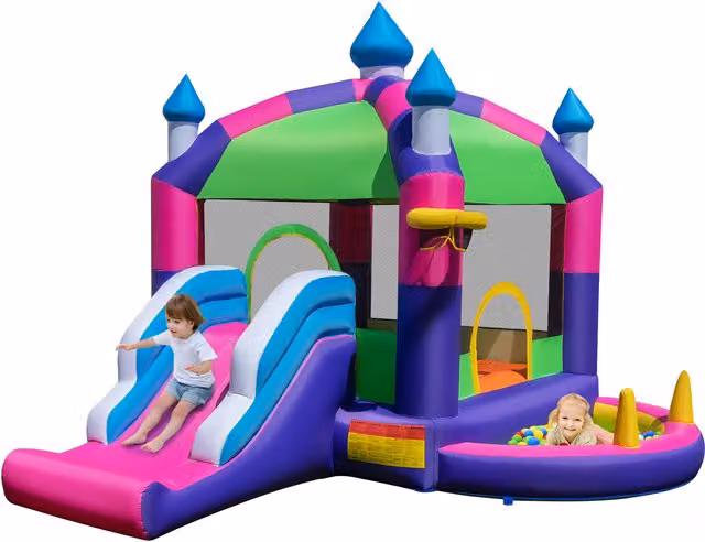 COSTWAY Inflatable Bounce Castle with Sun Roof, Slide, Ball Pit and Playhouse in Purple and Multicolour