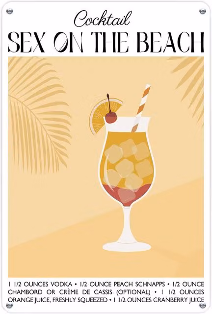 Purely Home Cocktail Recipe Metal Wall Plaque featuring Long Island Ice Tea and On The Beach in Multicolour and Yellow