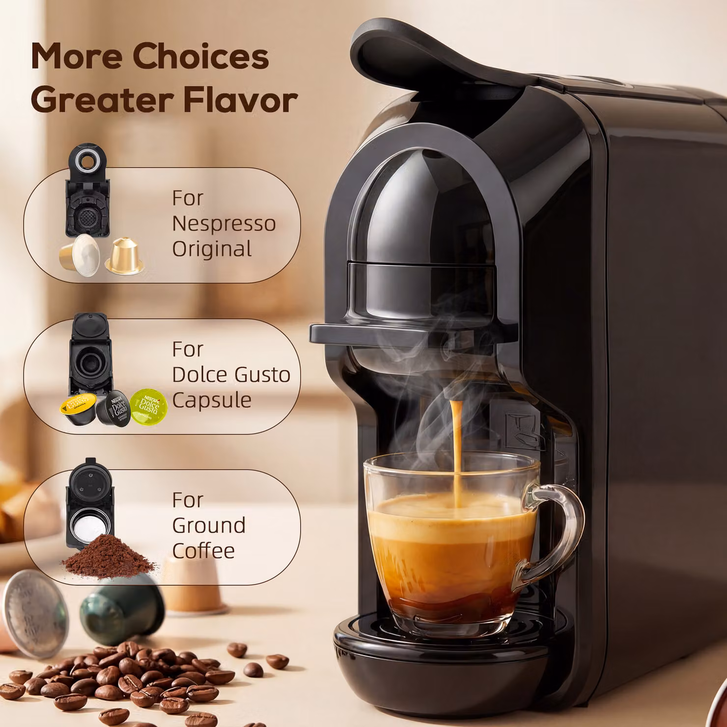 HOMCOM Black Pod Coffee Machine for Nespresso, Dolce Gusto Capsules and Ground Coffee, 19 Bar Semi Automatic Coffee Maker with 0.6 l Removable Tank – 4