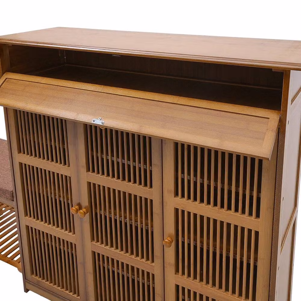 FLAVORA Hallway Shoe Cabinet and Bench in Brown Bamboo Wood with 3 Doors, W: 100 cm, D: 60 cm – 3