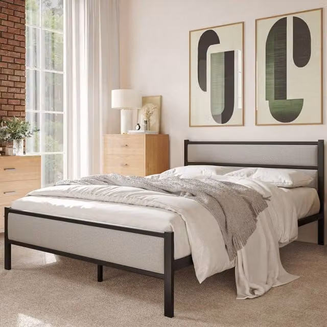 Snuggle Beds Nova Black Metal Upholstered Bed Frame with Grey Headboard, W/D/H: 140 x 200 x 95 cm