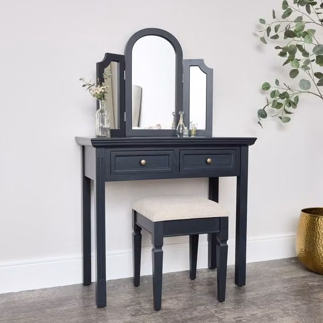 Melody Maison Daventry Large Dressing Table, Mirror and Stool Set in Navy Blue and Black