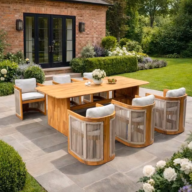 Mimo Acacia Solid Wood Dining Set in Grey and Brown with 2.2m Rectangular Table and 6 Chairs – 1