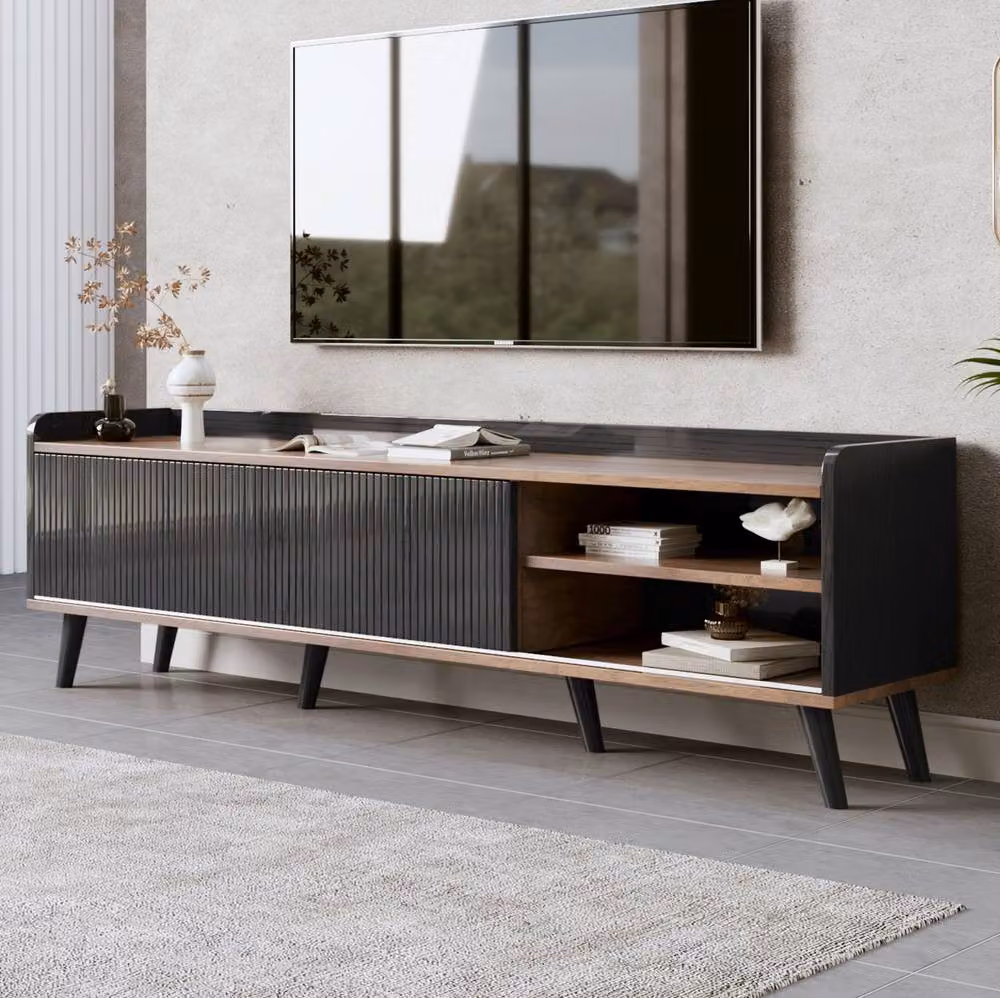 STILVORA Mid-Century TV Stand with Drawers and Sliding Doors in Black and Multicolour – 2