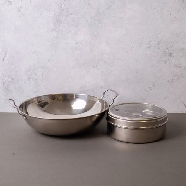 KitchenCraft 2-Piece Indian Cooking Set with Large Balti Dish and Silver Masala Dabba Spice Box