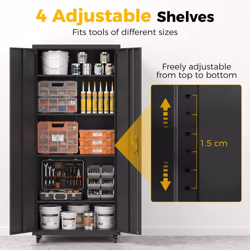 HOMCOM Industrial Metal Storage Cabinet with Hinged Doors and Internal Shelves in Matt Black – 6