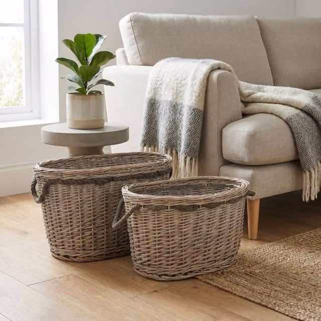 Garden Greatness Duo Oval Grey Wash Rattan Log Storage Basket with Handles W/D/H: 55.5 x 31.0 x 32.0 cm