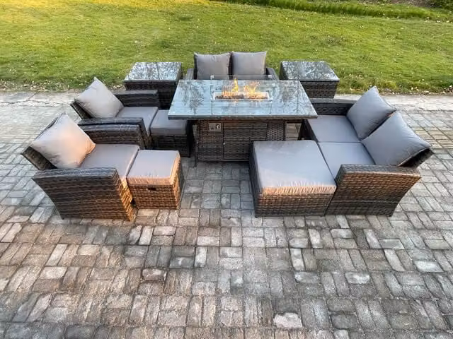 Fimous 10 Piece Wicker Rattan Outdoor Garden Furniture Set with Gas Firepit Dining Table, Sofa and 3 Footstools in Dark Grey