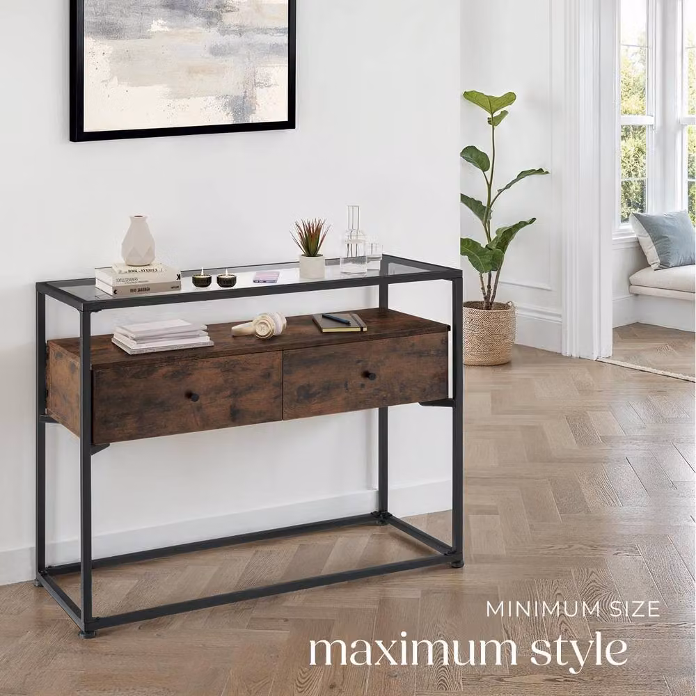 tectake Reading Sideboard with Safety Glass Tabletop and 2 Large Drawers in Dark Brown, W/D/H: 101.5 x 80.5 x 2.0 cm – 5
