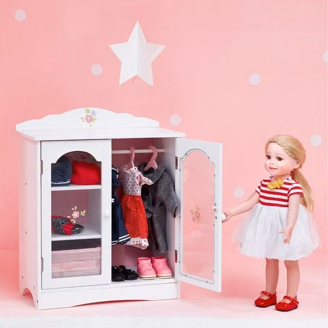 Teamson Kids Polka Dot Princess Wooden Doll Wardrobe for 18 inch Dolls, White and Pink, W/D/H: 36.0 x 22.9 x 52.7 cm