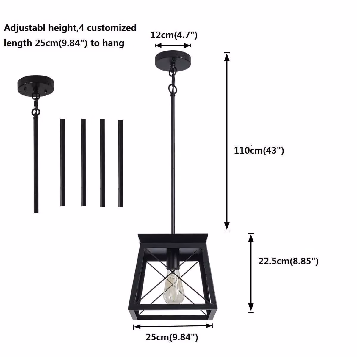 Garwarm Black Metal Rectangular Rustic Lantern Chandelier with Adjustable Height and E27 Socket – 3